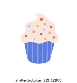 Cute purple cake, beige cream with topping isolated on a white background. Cartoon vector illustration. Sweet dessert.