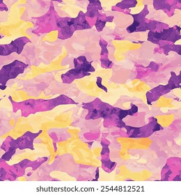 Cute purple camouflage seamless pattern with color brush strokes. watercolor background. Watercolor print in rustic vintage style, textile or wallpapers.