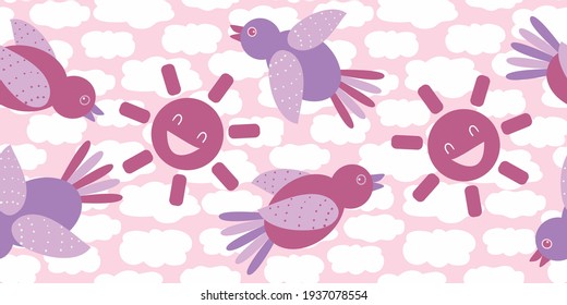 Cute purple cartoon bird and laughing sun seamless vector border. Fun banner with flying birds against a cloud textured backdrop. Character feathered friends fun ribbon, edging for summer travel