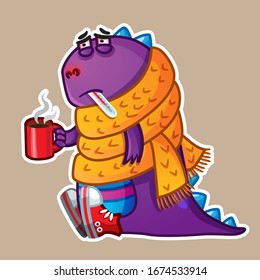 Cute purple cartoon dinosaur got sick , measures the temperature with a thermometer and drinks hot medicine. The dinosaur sits sad in a yellow scarf and is sick. Vector children's illustration