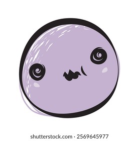 Cute purple cartoon face with large eyes and a quirky expression, hand-drawn style on a white background. Concept of playful and creative design. Vector illustration