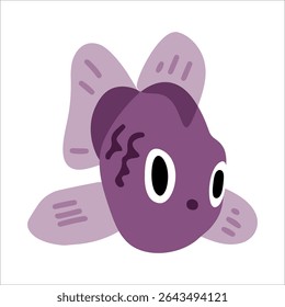 Cute Purple Cartoon Fish. Adorable purple fish character with big eyes and soft fins. Flat cartoon style in monochrome purple palette, isolated on white background.