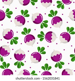 cute purple cartoon turnip root vegetable seamless pattern for background, wallpaper, texture, banner, label, cover, wrapping paper etc. vector design.