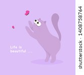 Cute purple cat in action. Flat vector illustration