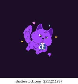 Cute purple cat astronaut licks a ball of earth. Cartoon kitten cosmonaut flying in space sky with stars. Funny pet fantasy adventure vector flat illustration. Cosmic feline animal character