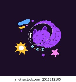 Cute purple cat astronaut sleeping in space. Cartoon kitten cosmonaut flying in night sky with stars. Funny pet fantasy adventure vector flat illustration. Cosmic feline animal in spacesuit helmet