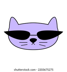 Cute purple cat with futuristic sunglasses. Vector illustration on isolated background. 