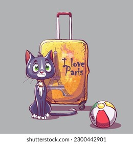 A cute purple cat with green eyes and a medallion sits alone near a travel yellow suitcase and a yellow-green-red-white ball. Сartoon character