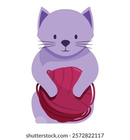 Cute purple cat is hugging a red ball of yarn, ready to knit or crochet