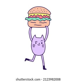 Cute purple cat lifting a burger, illustration for t-shirt, sticker, or apparel merchandise. With doodle, retro, and cartoon style.