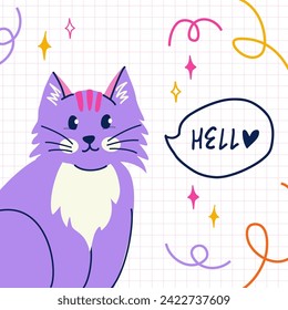 Cute purple cat in y2k style. Happy speech bubble hand drawn lettering. Stylish design for postcard, posters, cover and social media. Vector isolated illustration  