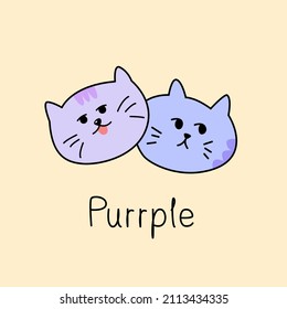 Feine, violette Katzen auf pastellgelbem Hintergrund mit Zitat "Lila" doodled. Printable Vektorgrafik lustiger Tierpuppe