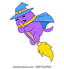 cute purple creature being a flying witch riding a magic broom, vector illustration art. doodle icon image kawaii.