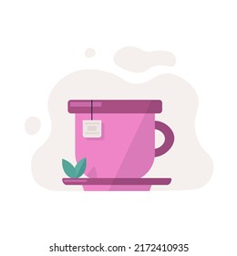 cute purple cup of tea on saucer with tea bag and mint vector illustration