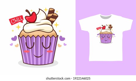 Cute purple cupcake cartoon illustration t-shirt design vector