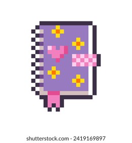 Cute purple diary for girls isolated on white background. Notebook with pink bookmark. Daily planner 8-bit icon. Game item. Vector pixel art illustration in y2k, 2000s, 1990s style.