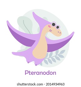 Cute purple dino, Pteranodon with blue leaves isolated on white. Vector illustration for postcard, banner, decor, design, arts, web, calendar, advirtising.