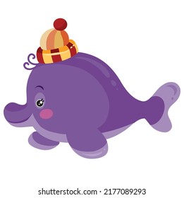 cute purple dolphin character with knitted hat on head, cartoon illustration, isolated object on white background, vector, eps