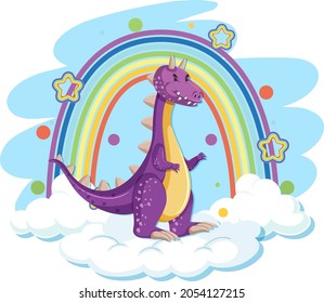 Cute purple dragon on the cloud with rainbow illustration