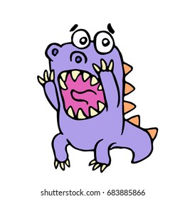 Cute purple dragon in panic. Vector illustration. Funny screaming amazed character. Astonished dinosaur. Fright and fear.