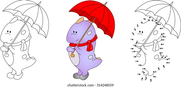 Cute purple dragon playing with umbrella. Vector illustration. Coloring and dot to dot educational game for kids