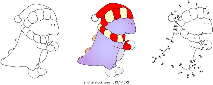 Cute purple dragon in red hat. Vector illustration. Coloring and dot to dot educational game for kids