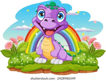 Cute purple dragon sitting under a colorful rainbow