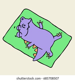 Cute purple dragon sunbathing on the beach. Vector illustration. Funny imaginary character.