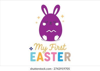 Cute purple Easter bunny egg with sad face and My First Easter text