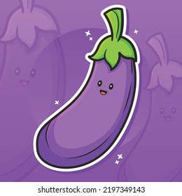 Cute Purple Eggplant Mascot Vector Illustration. Flat Cartoon Sticker Style. Can be used for emoticon, ui, web, app intro card, editorial, emoji, icon.