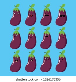 cute purple eggplant set vector designs