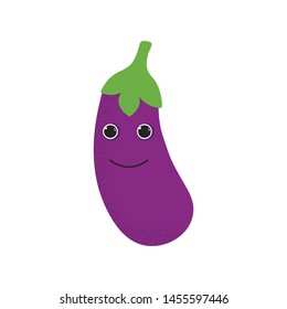 Cute purple eggplant vegetable in flat style isolated on white background. Eco Icon symbol food. Vector illustration