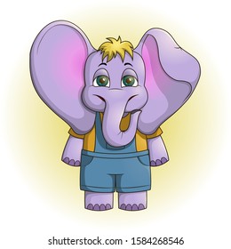 Cute purple elephant in jeans romper. Stock vector illustration