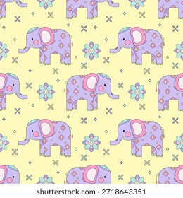 Cute Purple Elephant Seamless Pattern on Yellow Pastel Background