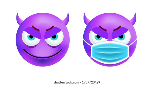 Cute Purple Evil Emoticon with Face Mask on White Background. Isolated Vector Illustration 
