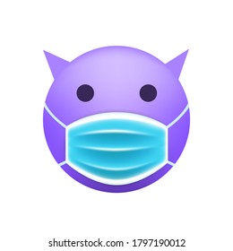 Cute Purple Evil Emoticon with Face Mask on White Background. Isolated Vector Illustration 