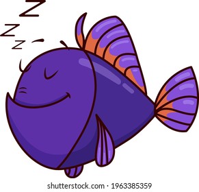 cute purple fish with orange crest asleep on transparent background