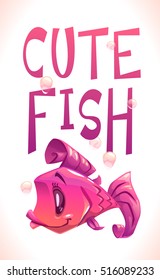 Cute purple fish, vintage style vector illustration. Funny cartoon template for typography or t shirt print design.