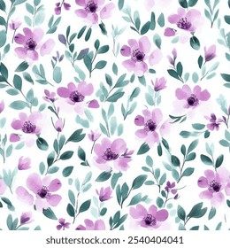 Cute purple floral with green leave seamless watercolor pattern with watercolor background. Flower vector illustration. Watercolor print in rustic vintage style, textile or wallpapers.