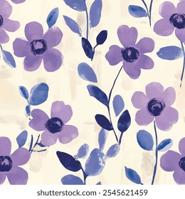 Cute purple floral seamless watercolor pattern on cream background. Flower vector illustration. Watercolor print in rustic vintage style, textile or wallpapers.