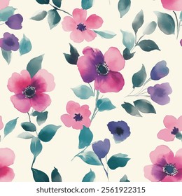 Cute purple floral watercolor seamless pattern with cream watercolor background. Flower vector illustration. Watercolor print in rustic vintage style, textile or wallpapers.