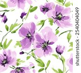 Cute purple floral whith green leave seamless watercolor pattern with watercolor background. Flower vector illustration. Watercolor print in rustic vintage style, textile or wallpapers.