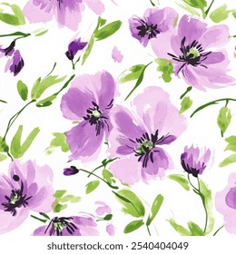 Floral roxo bonito com verde deixam padrão de aquarela sem costura com fundo de aquarela. Ilustração de vetor de flor. Impressão aquarela em estilo vintage rústico, têxtil ou papéis de parede.