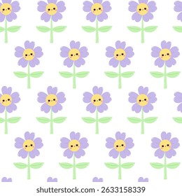 Cute purple flower seamless pattern. Kawaii purple flower.