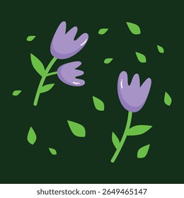 Cute Purple Flower Vector with Green Leaves decoration
