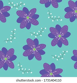 Cute purple flower with white wildflowers seamless pattern on blue background. 