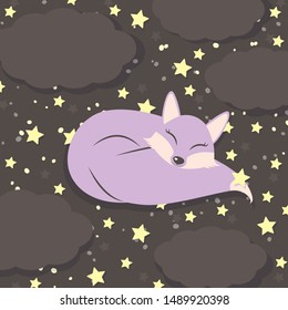 Cute purple fox sleeping in the night sky among clouds and stars. Print for kids, nursery decoration, animalistic card.