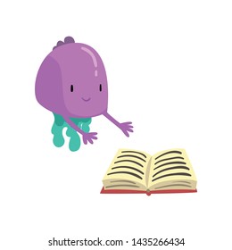 Cute Purple Freaky Monster with Book, Funny Friendly Alien Cartoon Character Vector Illustration