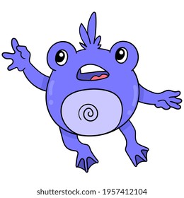 a cute purple frog monster dancing, vector illustration art. doodle icon image kawaii.