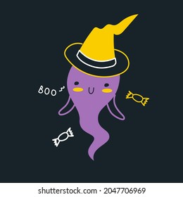 Cute purple ghost in a hat say boo. art for the Halloween holiday. Around the candy. The ghost is shy. Flat graphics with lines and color.